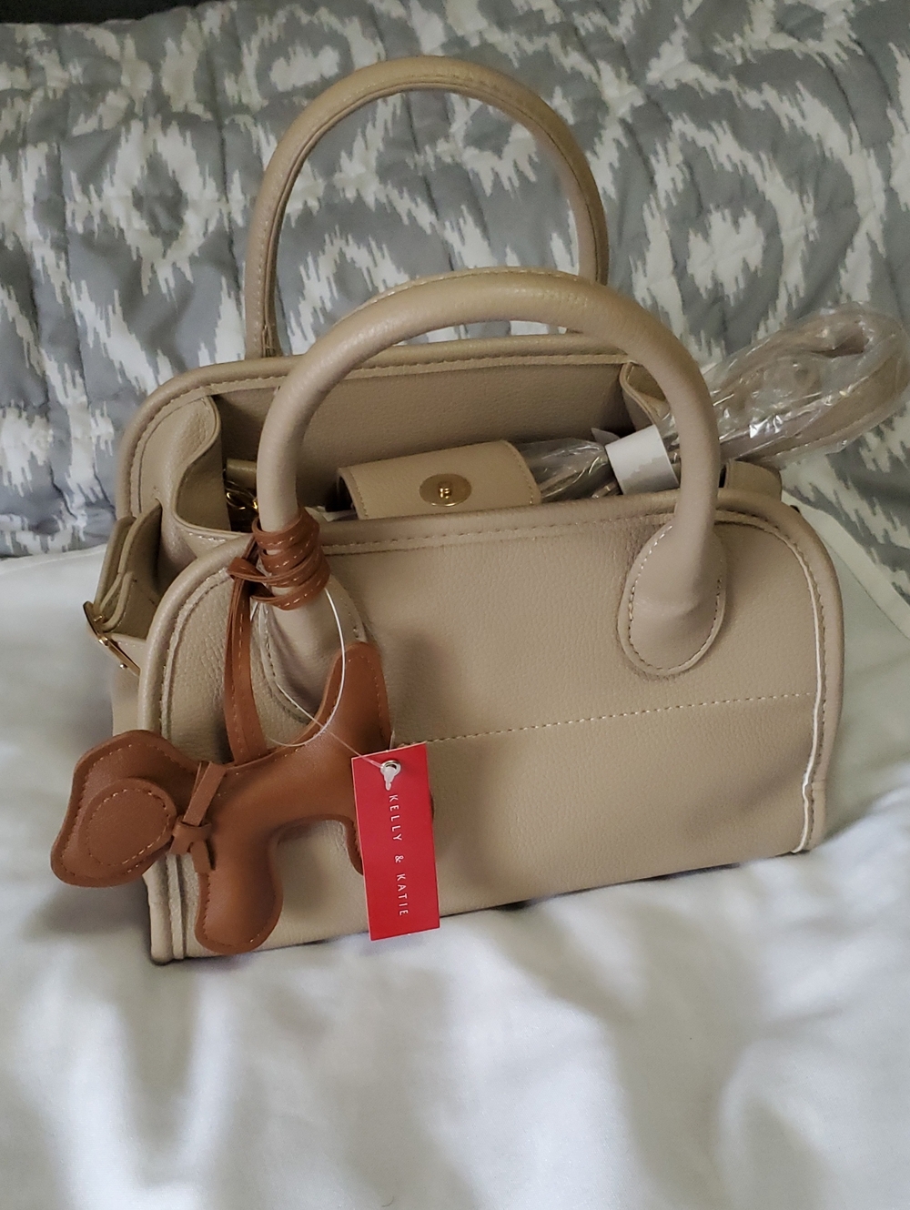 Kelly & Katie Taupe-Beige Top-Handle Satchel with Brown Charm
